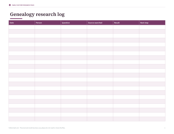 Preview of Printable Genealogy Research Log